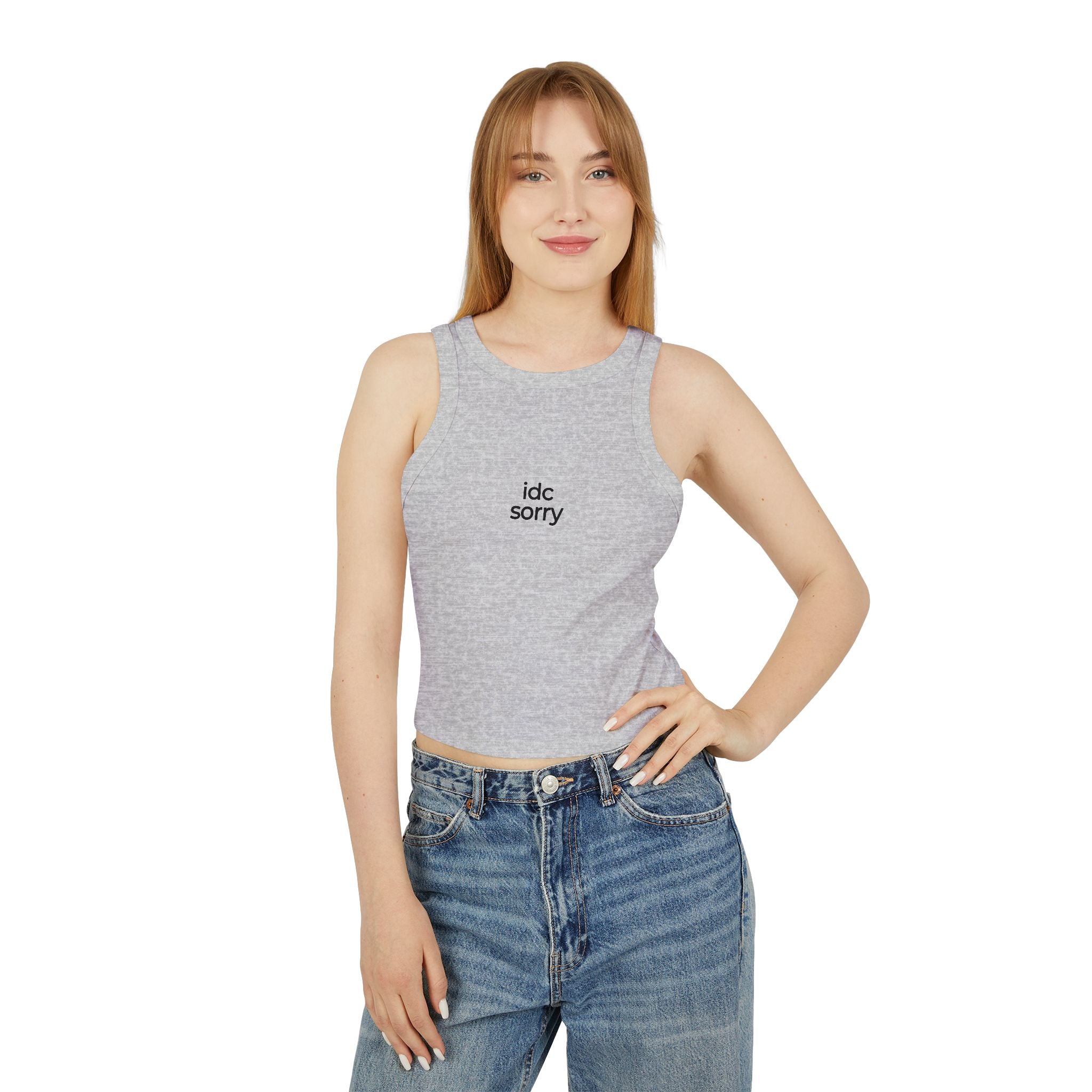 "idc sorry" Minimal Graphic Crop Tank Top