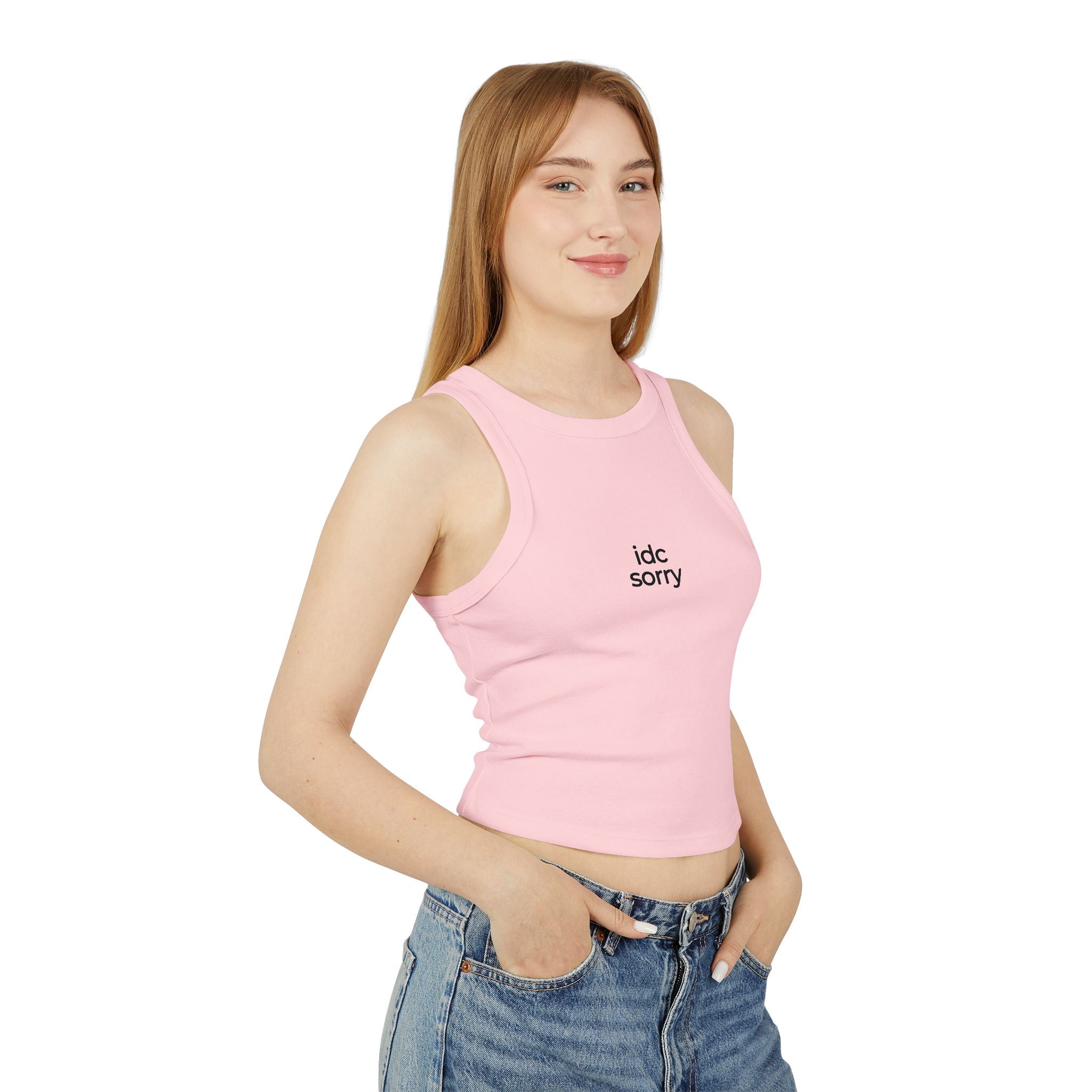 "idc sorry" Minimal Graphic Crop Tank Top