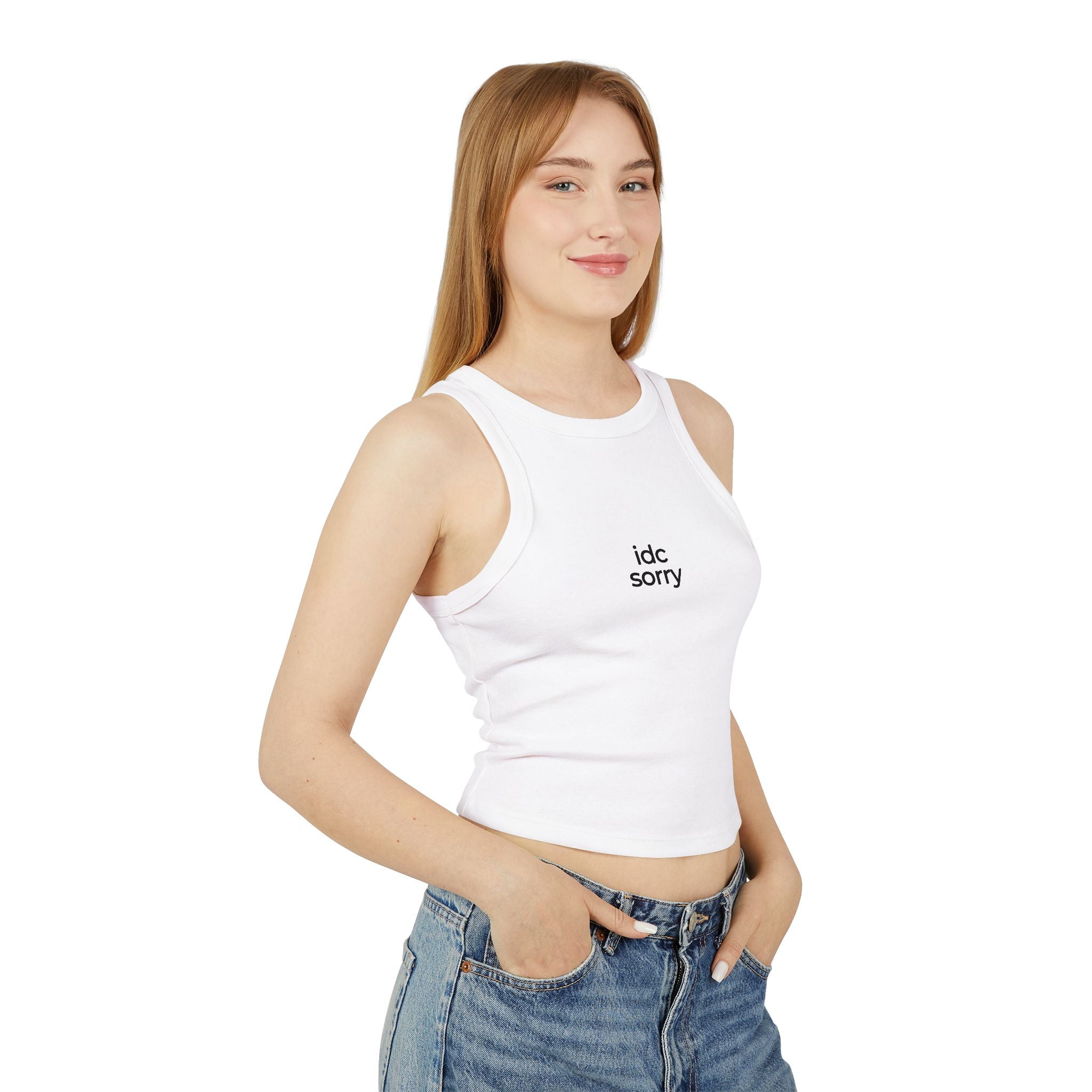 "idc sorry" Minimal Graphic Crop Tank Top